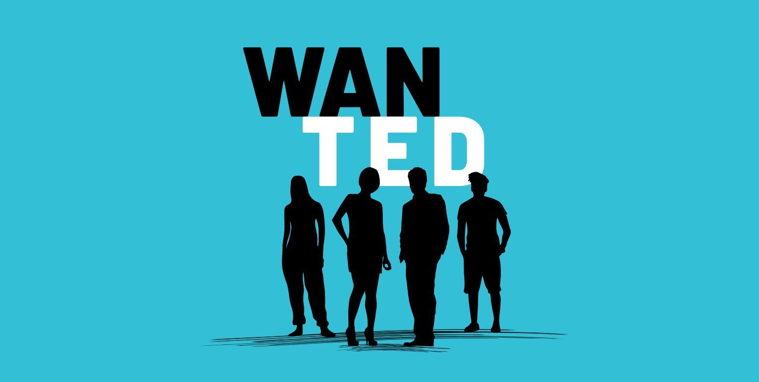 Illustration von vier Personen auf gelbem Hintergrund mit der Überschrift: Wanted